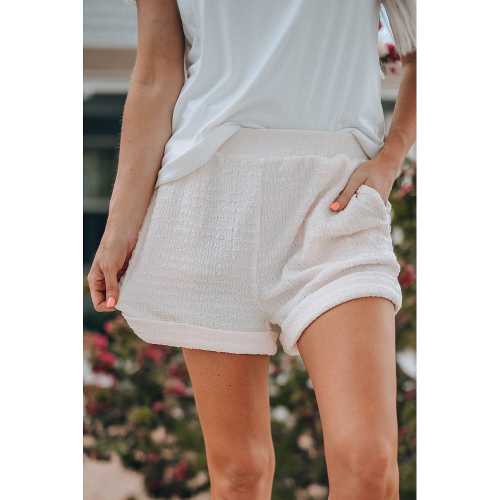 White Textured Knit Fold Hem Shorts White Textured Knit Fold Hem Shorts
