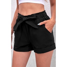 Black Elastic Waist Shorts with Pockets