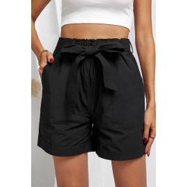 Black Sewn Cuffed Hemline Pocketed Cargo Shorts with Belt