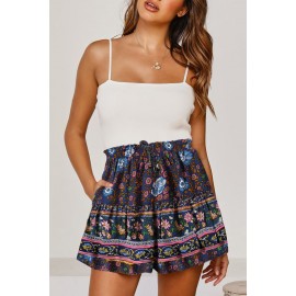 Blue Summer Boho Floral Print A-line Elastic Waist Shorts