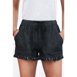 Black Casual Pocketed Frayed Denim Shorts