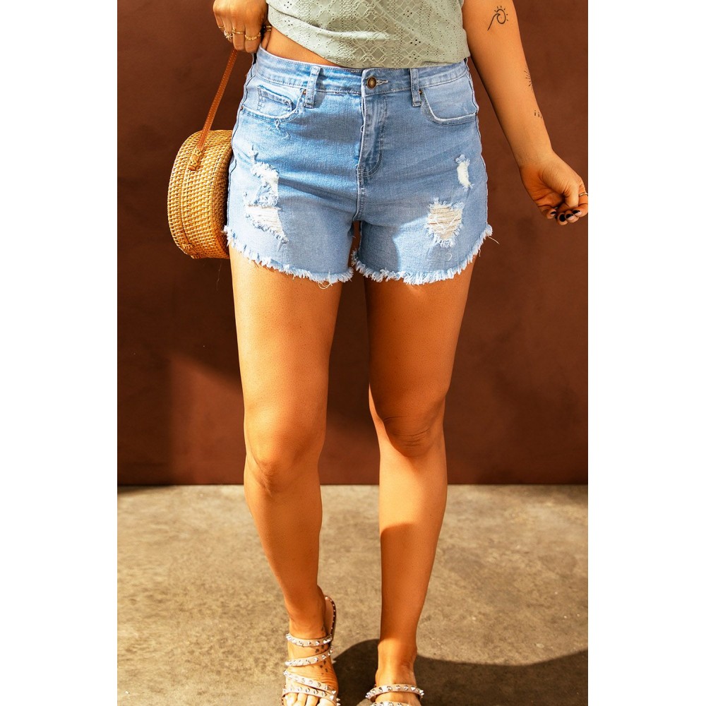 Light Blue Frayed Hem Denim Shorts Light Blue Frayed Hem Denim Shorts