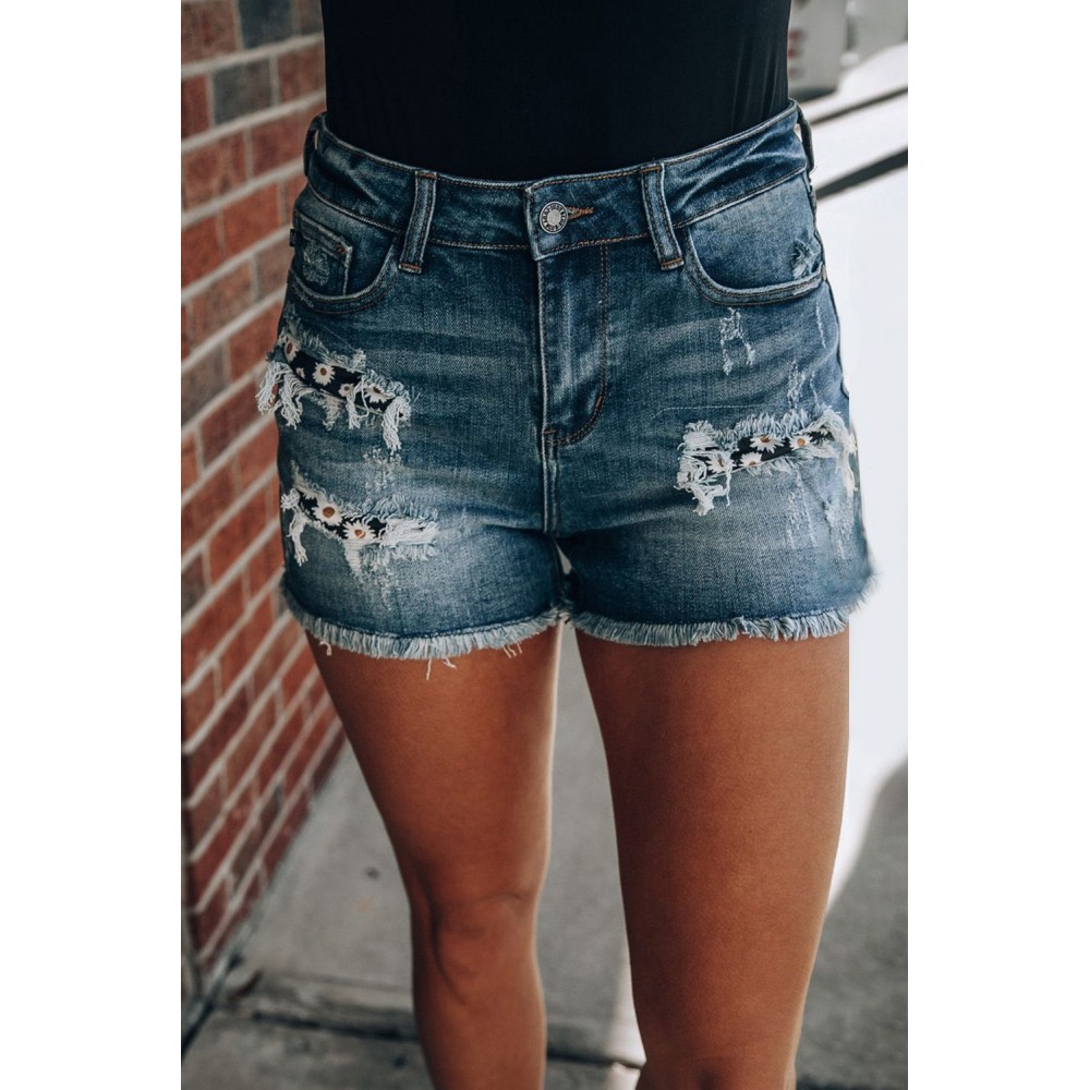 Medium Wash Blue Distressed Daisy Patches Denim Shorts Medium Wash Blue Distressed Daisy Patches Denim Shorts