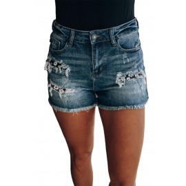 Medium Wash Blue Distressed Daisy Patches Denim Shorts Medium Wash Blue Distressed Daisy Patches Denim Shorts