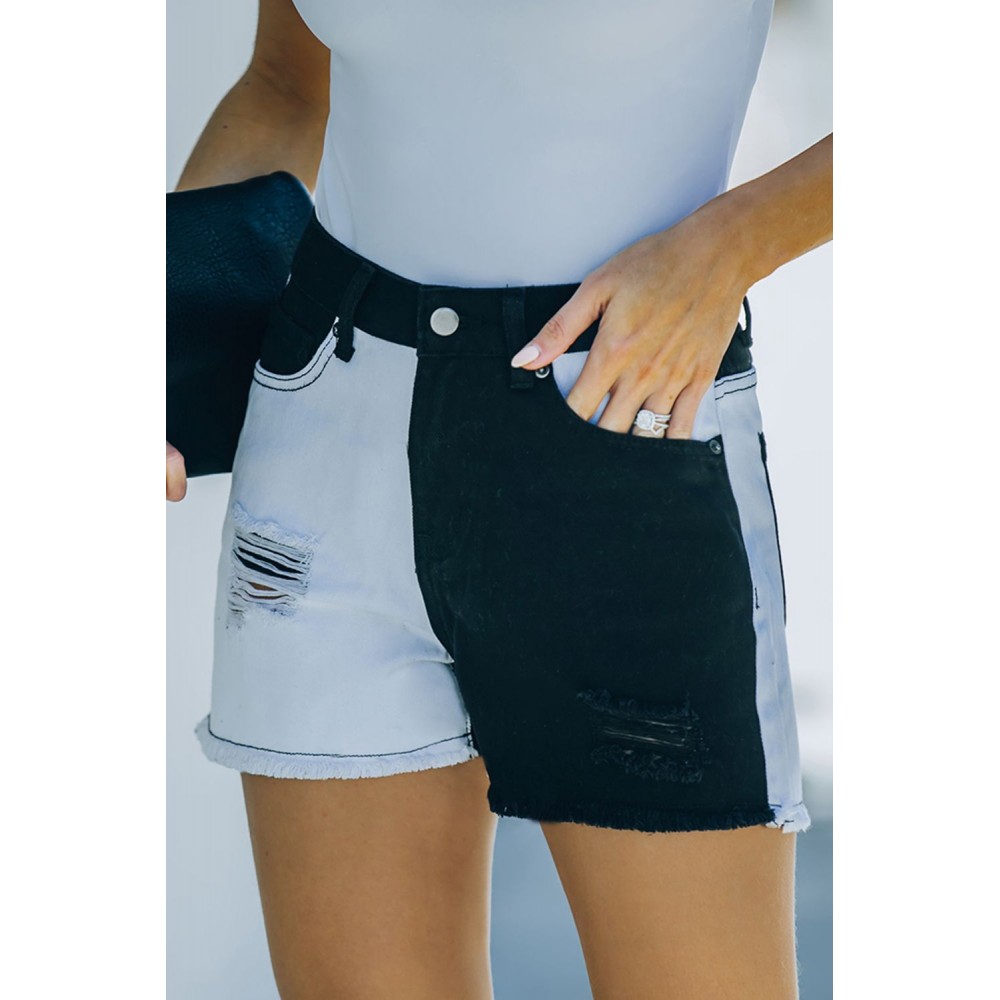 Black Distressed Colorblock Jean Shorts Black Distressed Colorblock Jean Shorts