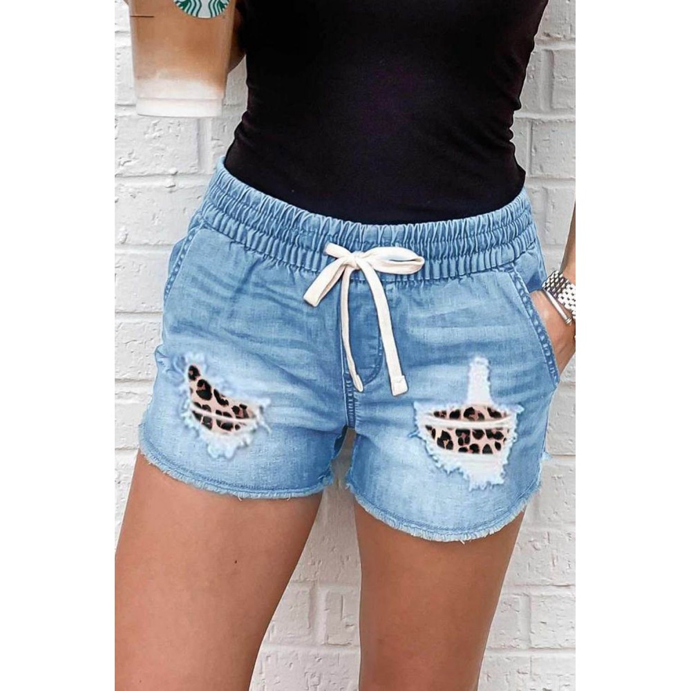 Distressed Leopard Patchwork Denim Shorts Distressed Leopard Patchwork Denim Shorts