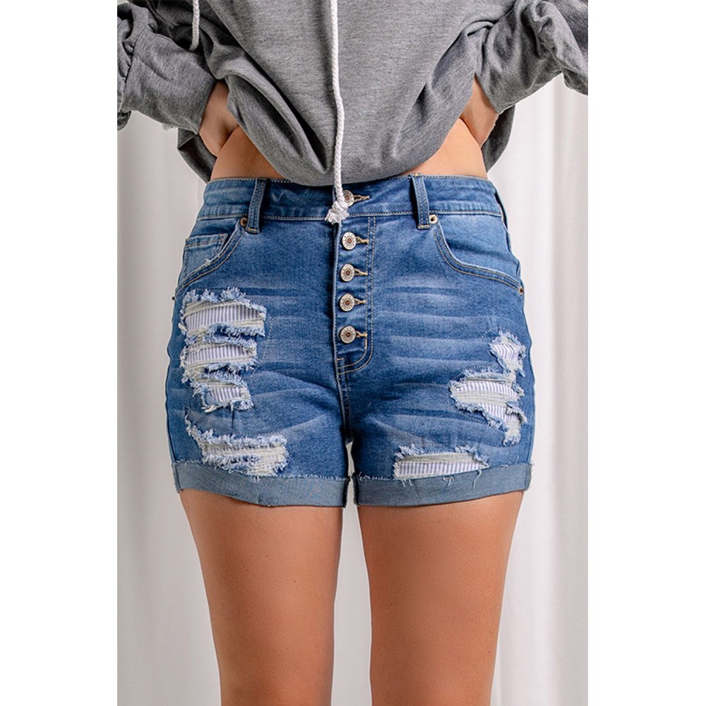 Blue Distressed Patchwork Button Fly Denim Shorts Blue Distressed Patchwork Button Fly Denim Shorts