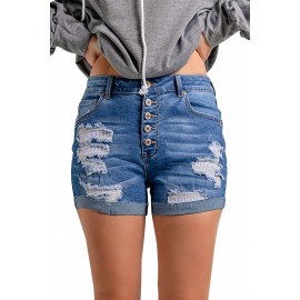 Blue Distressed Patchwork Button Fly Denim Shorts Blue Distressed Patchwork Button Fly Denim Shorts