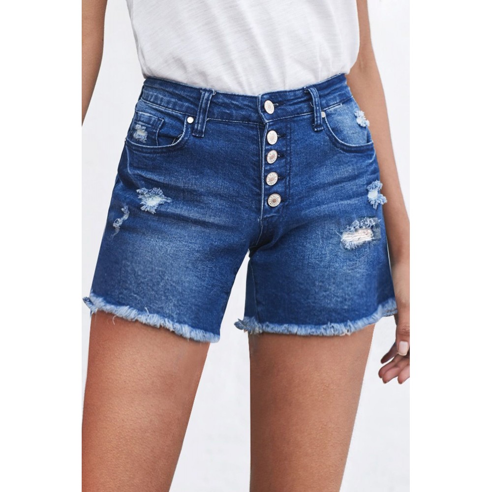 Blue Frayed Hem Single-breasted Ripped Denim Shorts Blue Frayed Hem Single-breasted Ripped Denim Shorts