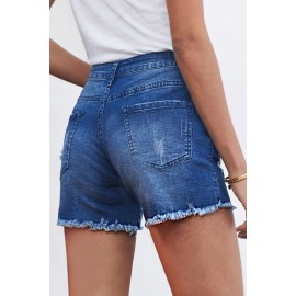 Blue Frayed Hem Single-breasted Ripped Denim Shorts Blue Frayed Hem Single-breasted Ripped Denim Shorts