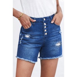Blue Frayed Hem Single-breasted Ripped Denim Shorts Blue Frayed Hem Single-breasted Ripped Denim Shorts