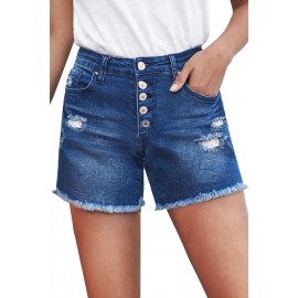 Blue Frayed Hem Single-breasted Ripped Denim Shorts Blue Frayed Hem Single-breasted Ripped Denim Shorts