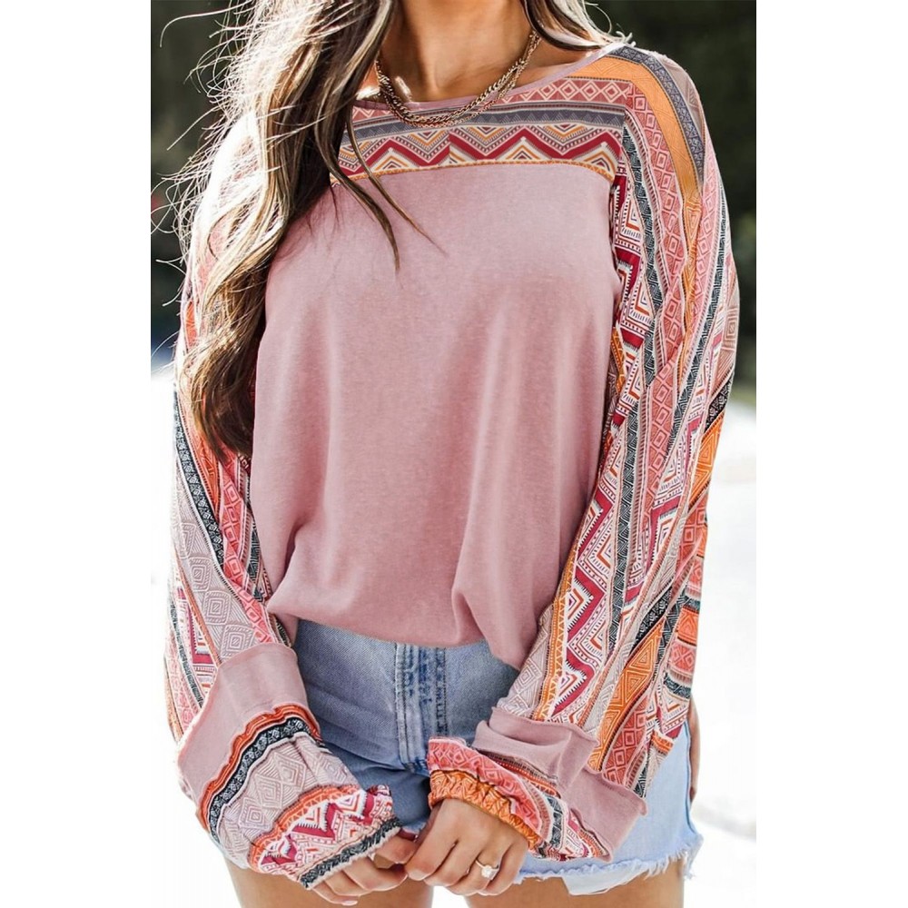 Pink Geometric Print Raglan Sleeve Blouse Pink Geometric Print Raglan Sleeve Blouse