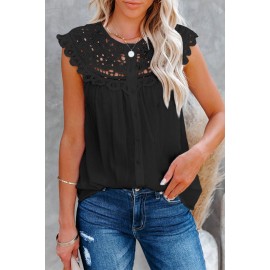 Black Lace Splicing Crew Neck Sleeveless Buttoned Shirt