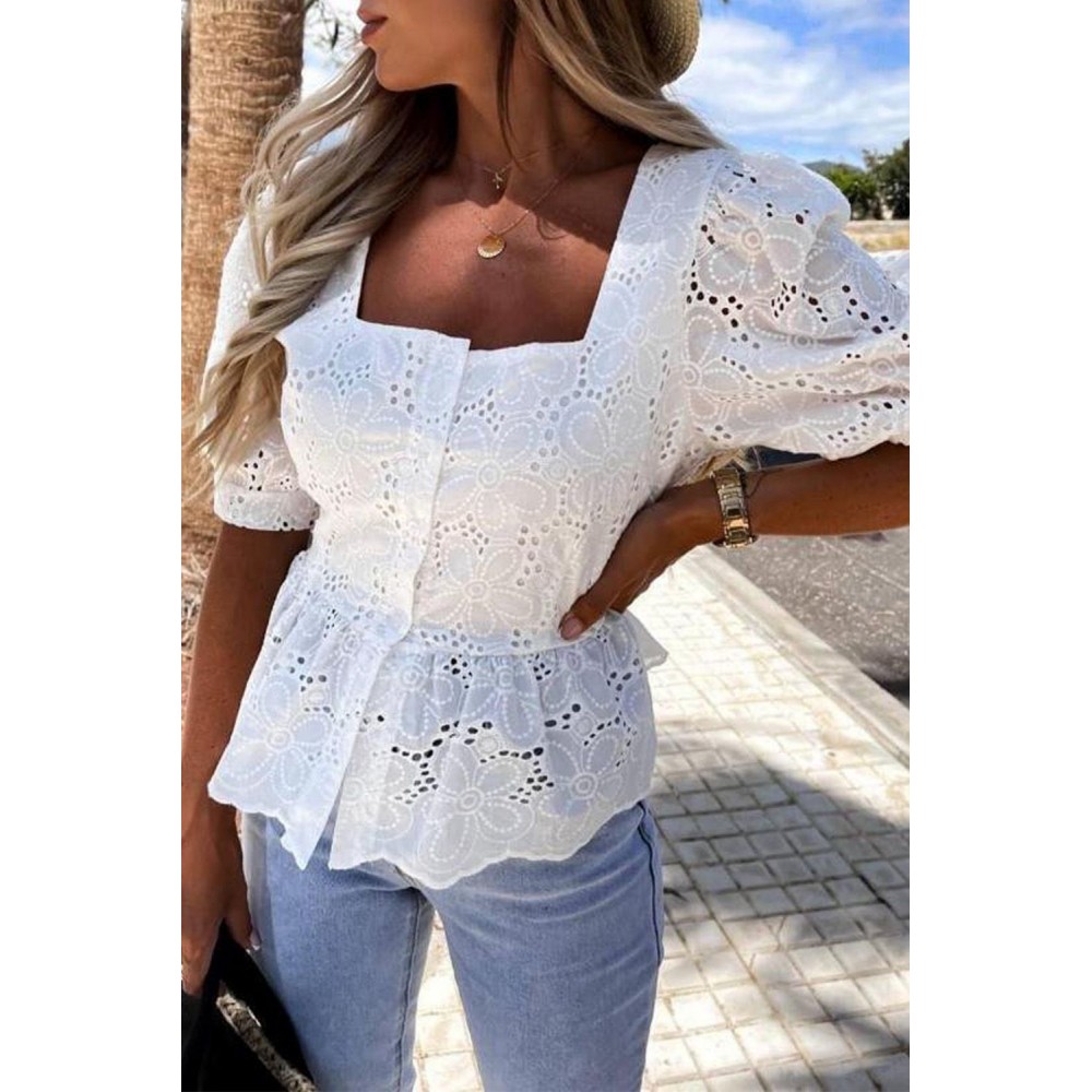 White Hollow-out Ruffled Square Neck Blouse White Hollow-out Ruffled Square Neck Blouse