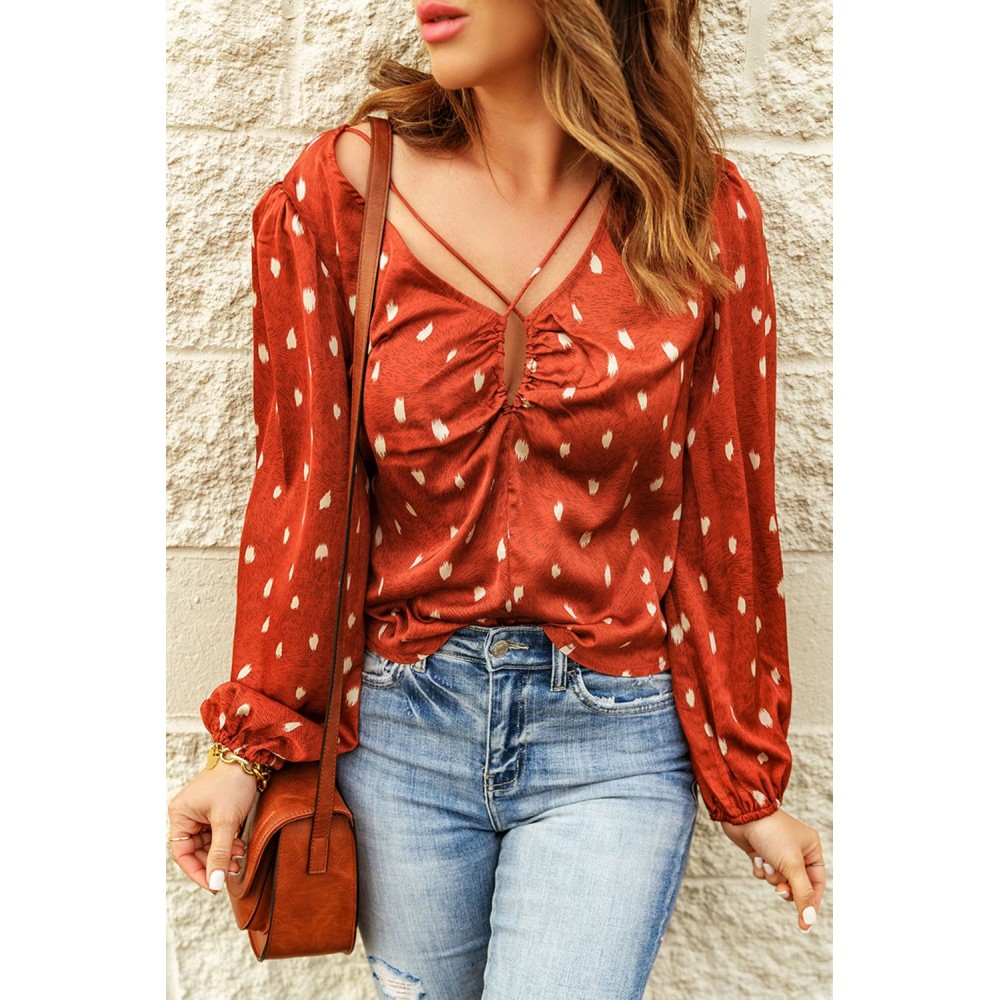Orange Crisscross Dotted Print Bubble Sleeve Blouse Orange Crisscross Dotted Print Bubble Sleeve Blouse