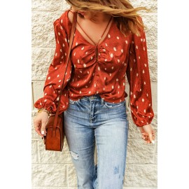 Orange Crisscross Dotted Print Bubble Sleeve Blouse Orange Crisscross Dotted Print Bubble Sleeve Blouse