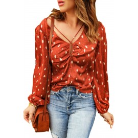Orange Crisscross Dotted Print Bubble Sleeve Blouse Orange Crisscross Dotted Print Bubble Sleeve Blouse