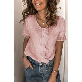 Pink Ruffles Button Short Sleeve Shirt with Lace Detail Pink Ruffles Button Short Sleeve Shirt with Lace Detail