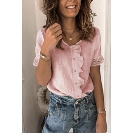 Pink Ruffles Button Short Sleeve Shirt with Lace Detail Pink Ruffles Button Short Sleeve Shirt with Lace Detail