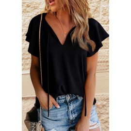Black Solid Drawstring Ruffled Short Sleeve Blouse Black Solid Drawstring Ruffled Short Sleeve Blouse