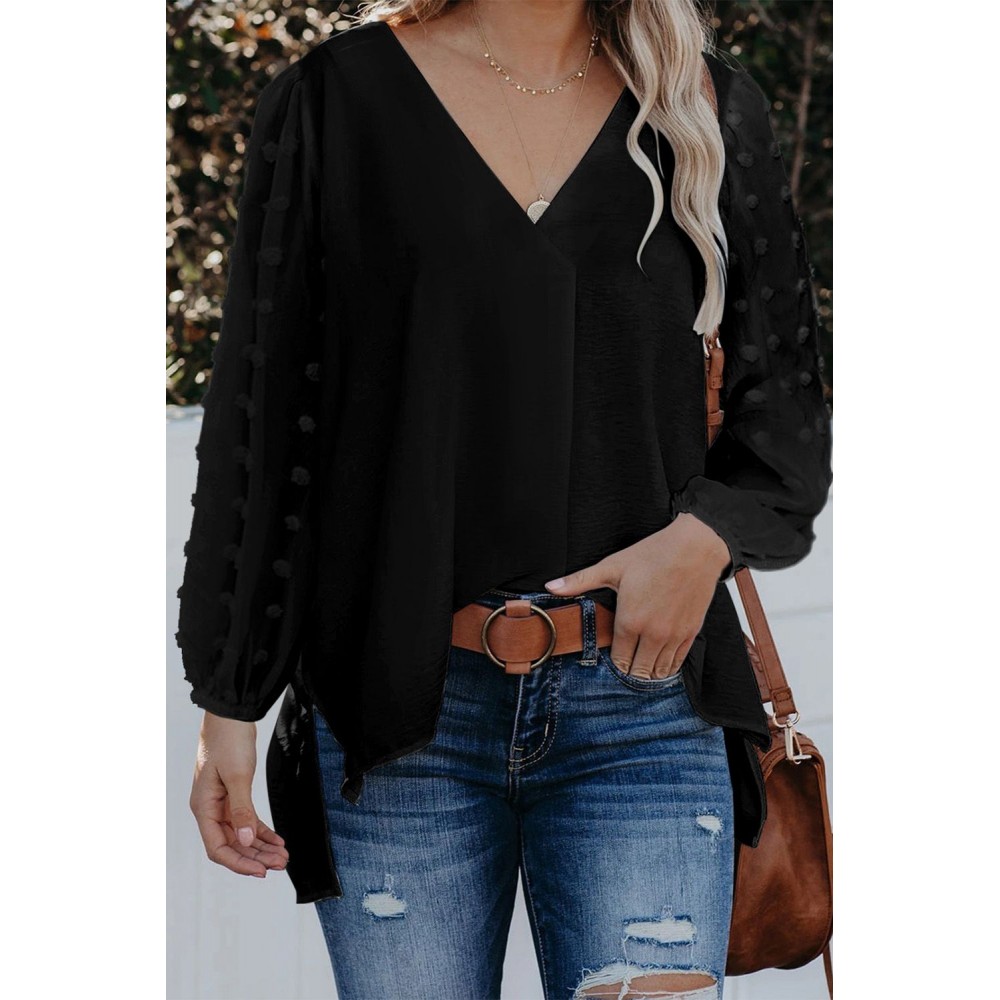 Black Swiss Dot V Neck Long Sleeve Blouse Black Swiss Dot V Neck Long Sleeve Blouse