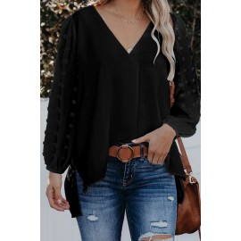 Black Swiss Dot V Neck Long Sleeve Blouse