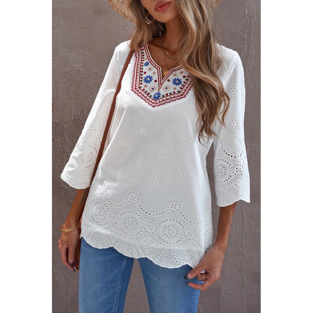 Embroidered Floral Hollow-out Bell Sleeve Blouse Embroidered Floral Hollow-out Bell Sleeve Blouse