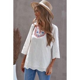 Embroidered Floral Hollow-out Bell Sleeve Blouse Embroidered Floral Hollow-out Bell Sleeve Blouse