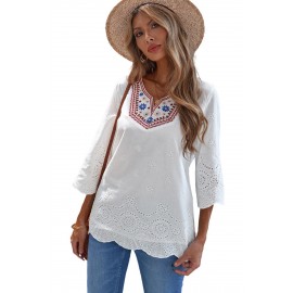 Embroidered Floral Hollow-out Bell Sleeve Blouse Embroidered Floral Hollow-out Bell Sleeve Blouse