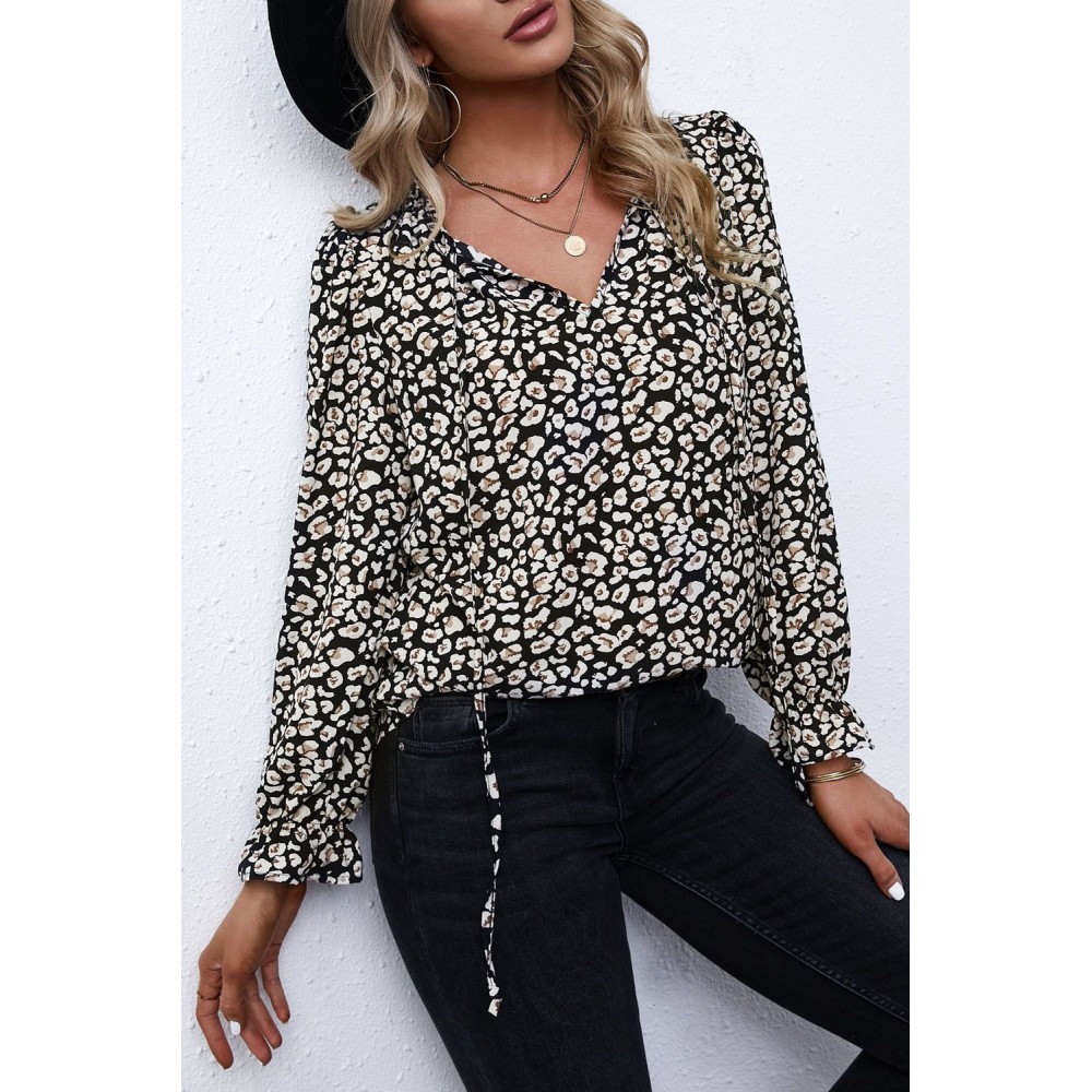Black Printed Long Sleeve V-Neck Drawstring Shirt Black Printed Long Sleeve V-Neck Drawstring Shirt