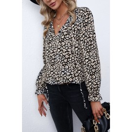Black Printed Long Sleeve V-Neck Drawstring Shirt Black Printed Long Sleeve V-Neck Drawstring Shirt