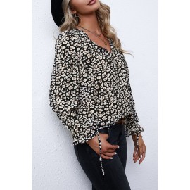 Black Printed Long Sleeve V-Neck Drawstring Shirt Black Printed Long Sleeve V-Neck Drawstring Shirt