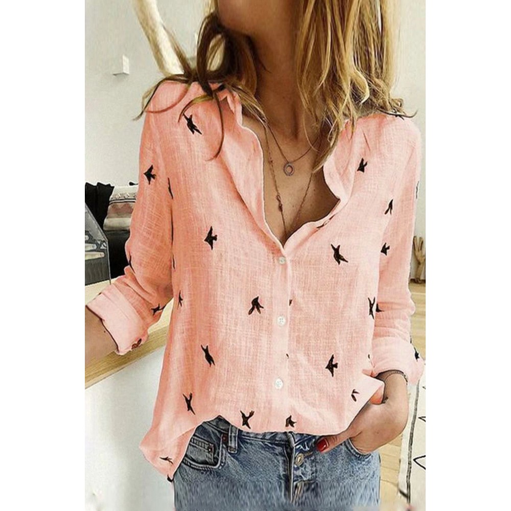 Pink Bird Print Buttoned Shirt Pink Bird Print Buttoned Shirt