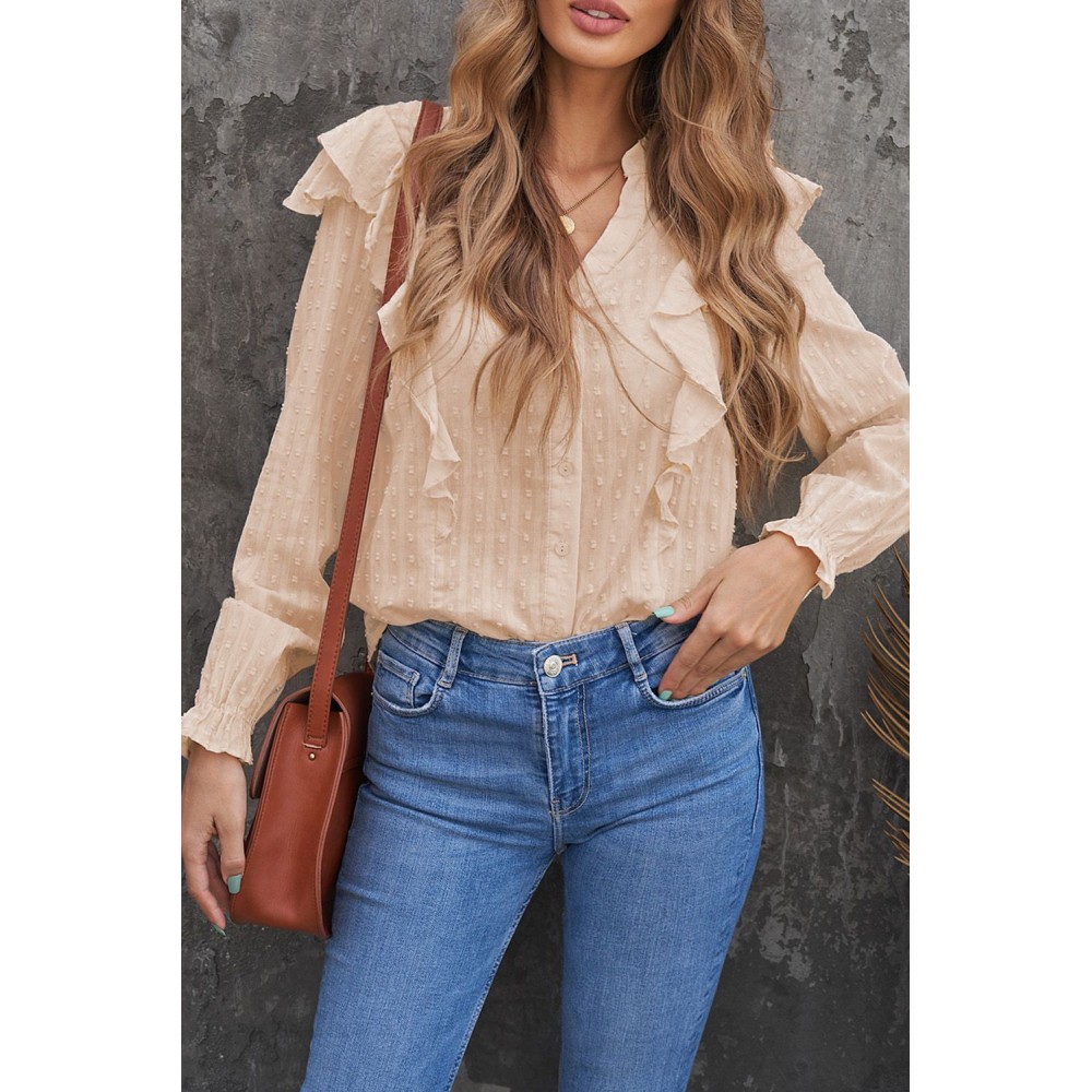 Apricot Dotted Texture Sheer Ruffles Bubble Sleeves Shirt Apricot Dotted Texture Sheer Ruffles Bubble Sleeves Shirt