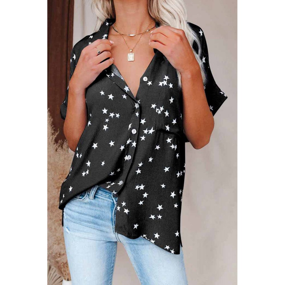 Black Stars Print Cuffed Sleeves Shirt Black Stars Print Cuffed Sleeves Shirt
