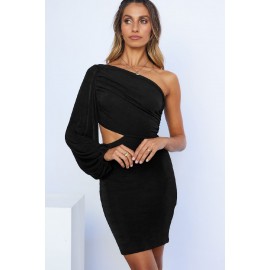 Black One Shoulder Bubble Shoulder Cut-out Bodycon Mini Dress Black One Shoulder Bubble Shoulder Cut-out Bodycon Mini Dress