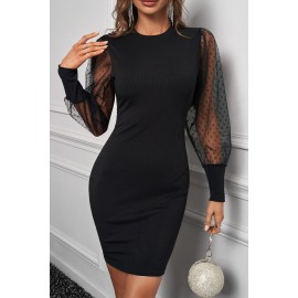 Polka Dot Mesh Splicing Puff Sleeve Ribbed Bodycon Dress