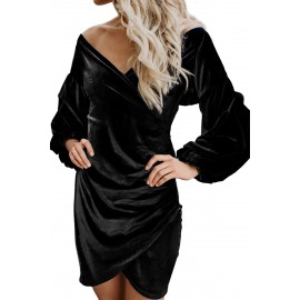 Black Puff Sleeve Off Shoulder Wrap Bodycon Velvet Dress Black Puff Sleeve Off Shoulder Wrap Bodycon Velvet Dress