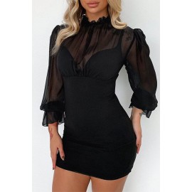 See-through Mesh Patchwork Puff Sleeve Bodycon Mini Dress See-through Mesh Patchwork Puff Sleeve Bodycon Mini Dress